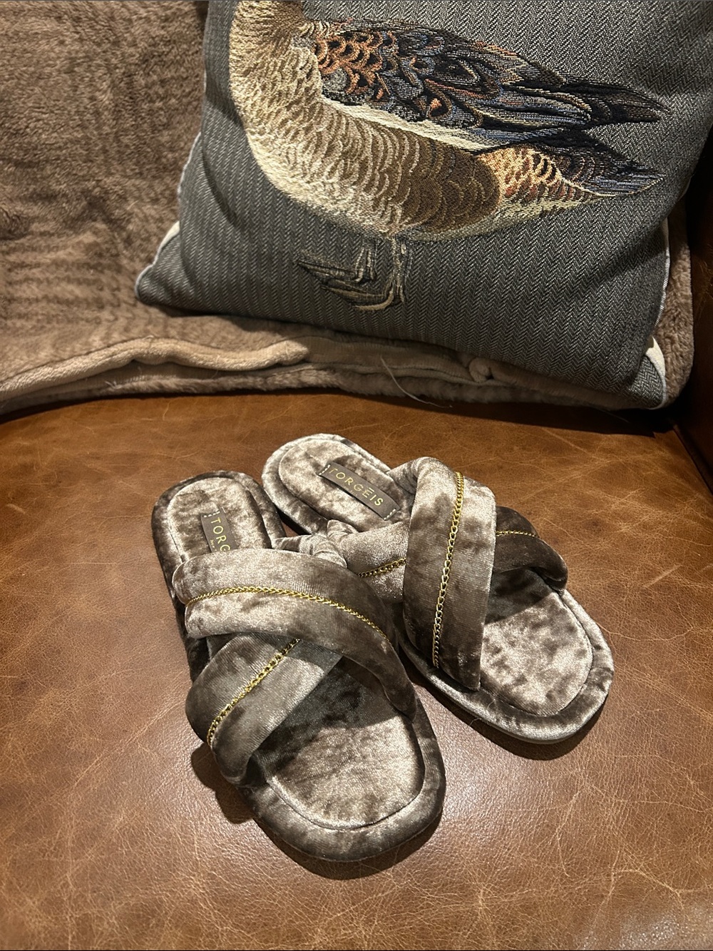 Torgeis Velvet Slide Sandals in Taupe with Gold Stitching